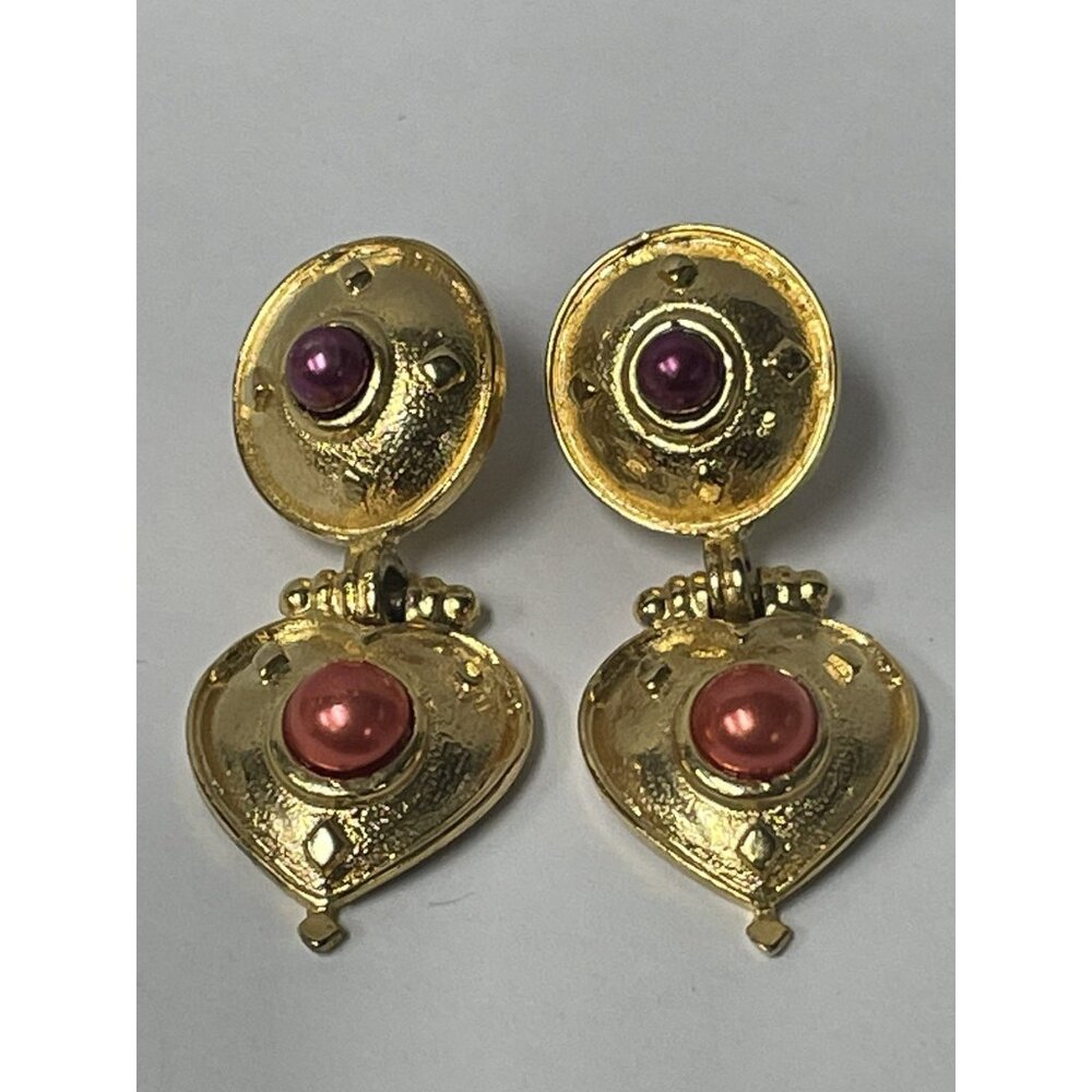 Vintage Hinged Stud Earrings Stunning Ornate Gold Tone Heart Dangle Statement